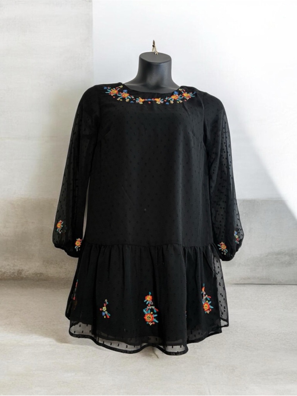 Japna Black Mini Dress with Multicolor Floral Embroidery New